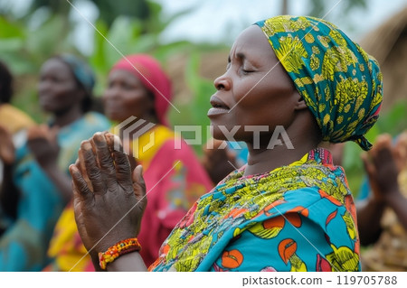 A close-up of an African woman with eyes closed and hands clasped in prayer, wearing colorful traditional clothing and headwrap 119705788