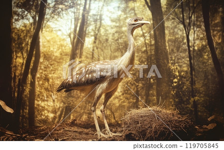 A primordial Aepyornis strides through the lush undergrowth of the ancient forest, its towering presence a captivating sight to behold 119705845