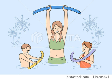 Water aerobics for family of mother and joyful children relaxing in pool on seashore Water aerobics for family of mother and joyful children relaxing in pool on seashore 119705871