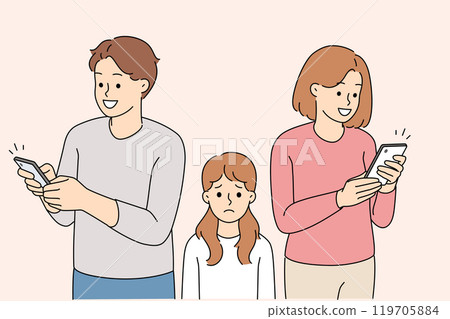 Addiction to smartphones among parents who ignore daughter, forgetting about importance upbringing 119705884