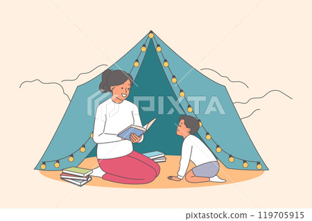 Camping for mother and daughter reading book in fresh air and enjoying trip to country park together Camping for mother and daughter reading book in fresh air and enjoying trip to country park together 119705915