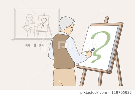 Elderly man artist draws picture using advice from online lesson, developing own creative potential 119705922