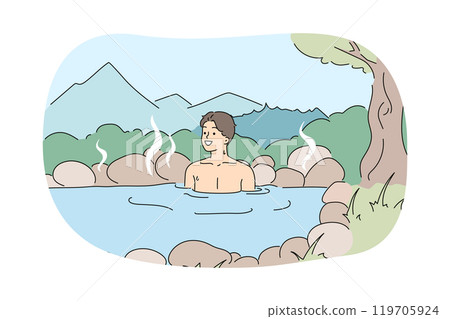 Man bathes in thermal spring in forest, using alternative medicine to improve health 119705924