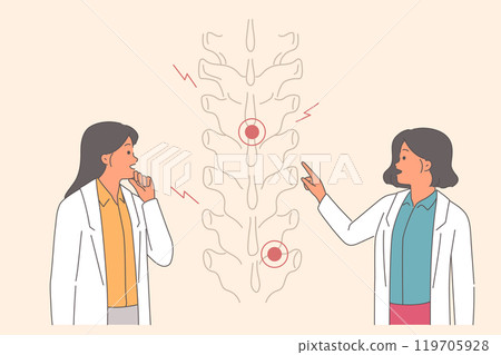 Injured spine is examined by two doctors, discussing possibility of using alternative medicine Injured spine is examined by two doctors, discussing possibility of using alternative medicine 119705928