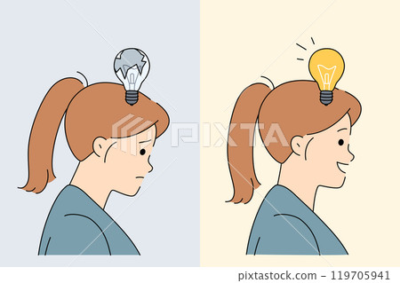 Good idea for startup appeared in head of upset woman with broken light bulb near face Good idea for startup appeared in head of upset woman with broken light bulb near face 119705941