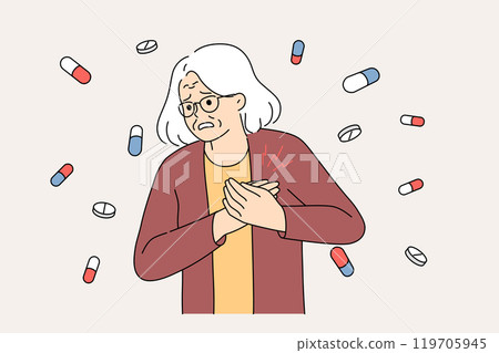 Elderly woman with heart attack in need of medical attention, standing among flying medicines 119705945