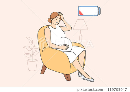 Pregnant woman feels beginning of contractions and end of strength, sitting in home chair 119705947