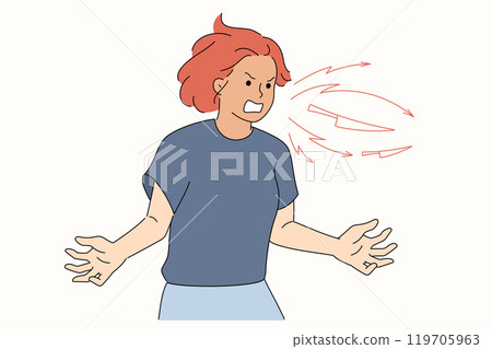Aggressive woman calls names and abuses interlocutor, demonstrating rage due to lack of submission 119705963