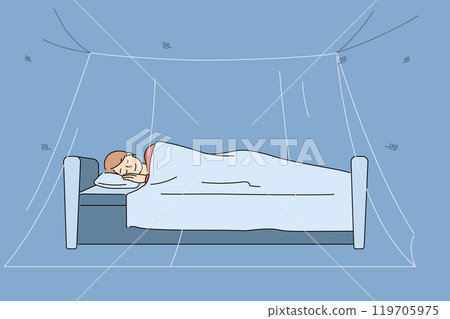 Mosquito net over sleeping woman bed allows to get rid of discomfort from midges and insects Mosquito net over sleeping woman bed allows to get rid of discomfort from midges and insects 119705975