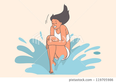 Teenage girl happily jumps into pool, enjoying opportunity to swim in cold summer water Teenage girl happily jumps into pool, enjoying opportunity to swim in cold summer water 119705986