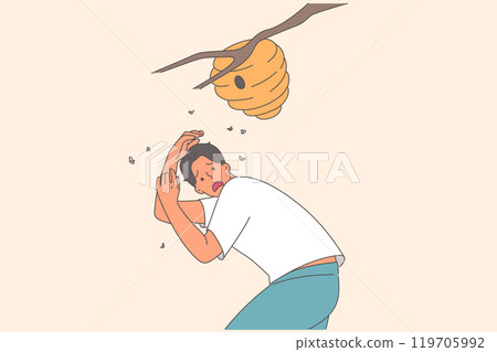 Nest of angry bees above frightened man standing near branch, at risk of anaphylactic shock 119705992