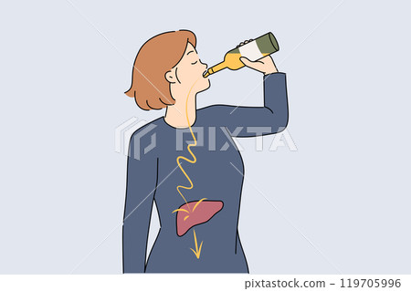 Problem of female alcoholism is girl who drinks beer, which destroys liver and is harmful to health 119705996