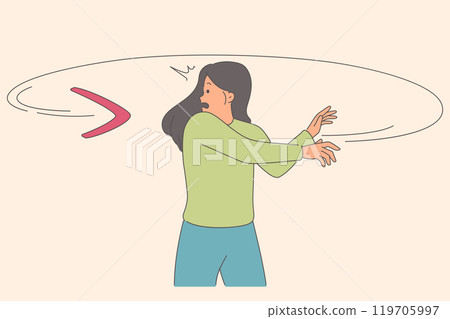 Boomerang overtakes woman, symbolizing karma that haunts people who have committed evil action 119705997