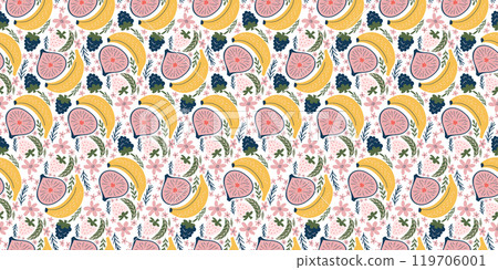 Cheery seamless pattern showcasing bananas, figs, blackberries, white strawberries, pink flowers, and green leaves. Crafted in a contemporary, organic vector style with flat hues, exuding a playful 119706001