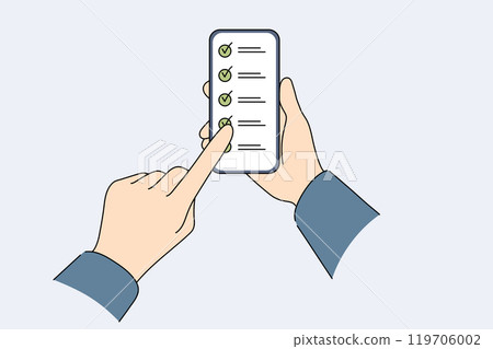 Applications for task management on phone in hands of person using checklist with ticks Applications for task management on phone in hands of person using checklist with ticks 119706002