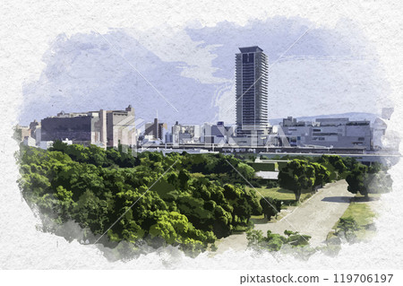 Watercolor style, Akashi, View of Akashi Station from Akashi Park, Akashi City, Hyogo Prefecture 119706197
