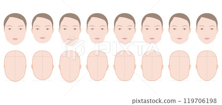 Illustrations of female face shape patterns, such as oval and long face 119706198