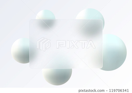 Glass morphism landing page. Template of transparent plate with white spheres on light background. Glass morphism landing page. Template of transparent plate with white spheres on light background. 119706341