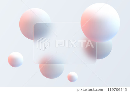 Abstract minimalistic background for glass morphism style presentation slide. Transparent plate and levitating sphere. Abstract minimalistic background for glass morphism style presentation slide. Transparent plate and levitating sphere. 119706343