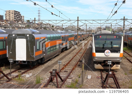 A large number of Chuo Line double-decker green cars stored at the Toyota Rolling Stock Center (Hino City, Tokyo) 119706405