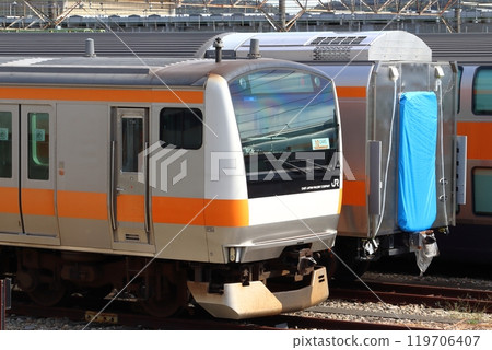 A large number of Chuo Line double-decker green cars stored at the Toyota Rolling Stock Center (Hino City, Tokyo) 119706407