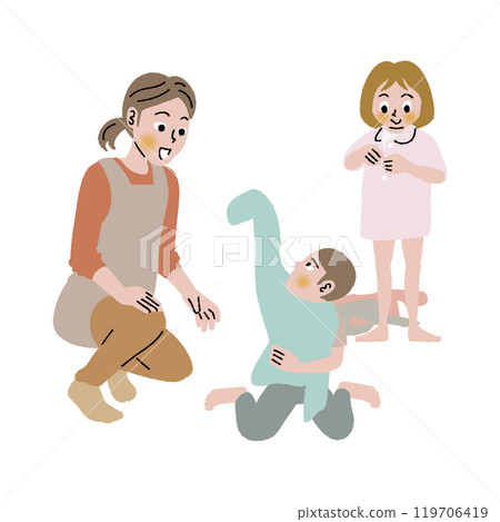 托兒所老師在照顧孩子換衣服 托兒所老師在照顧孩子換衣服 119706419