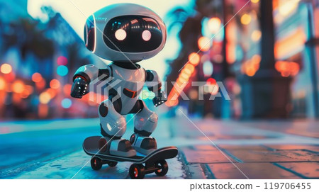 cute cyborg robot riding skate at street, funny mechanical robot skating with skateboard 119706455