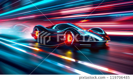 extremely fast futuristic sports car driving highway on high speed, luxury sport auto blurred motion on illuminated city street 119706485