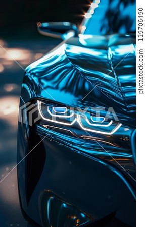 front view of modern aggressive luxury car, headlight lamp, fancy expensive status sports vehicle, closeup view of head lamp 119706490
