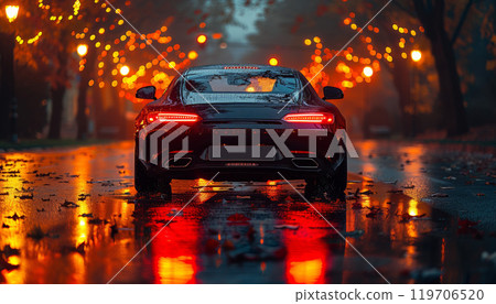 rear view of modern luxury sport car on night road, new shiny auto vehicle in traffic, back lamp light view, illuminated city. on background 119706520