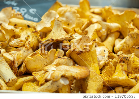 Fresh mushrooms scattered on the counter 119706555