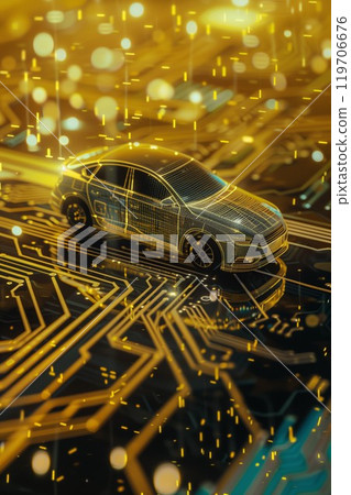 hologram of 3d model of electric car on circuit board, futuristic transportation concept, electronics in auto industry, holographic modern design 119706676
