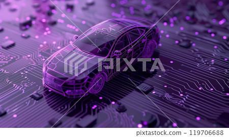 hologram of 3d model of electric car on circuit board, futuristic transportation concept, electronics in auto industry, holographic modern design 119706688