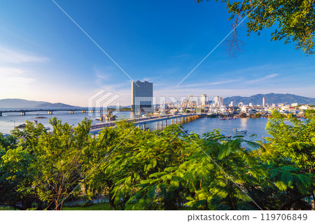 Cai River and Xom Bong Bridge in Nha Trang. Panorama of resort city in Vietnam in summer 119706849