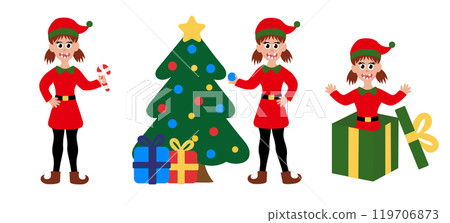 Collection of Christmas elf girl. Set of little Santa's helper with holiday gifts and decorations. Adorable cartoon characters. Flat vector illustration. Collection of Christmas elf girl. Set of little Santa's helper with holiday gifts and decorations. Adorable cartoon characters. Flat vector illustration. 119706873