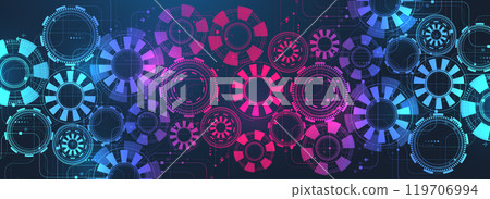 Abstract digital technology background with circuit board texture. Abstract gear wheel mechanism background. Engineering concept for poster, header, banner, website, presentation. 119706994