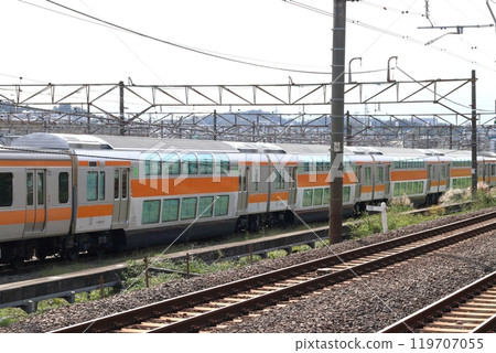 Chuo Line Green Car x 4-car set stored at Toyota Vehicle Center (Hino City, Tokyo) 119707055