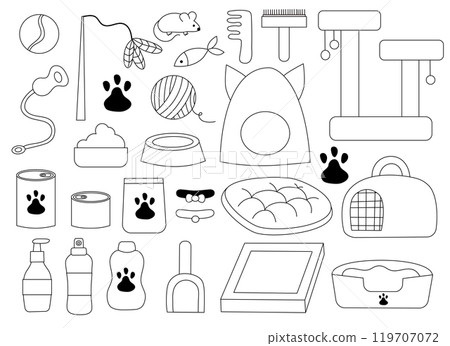 Set of items and tools for care to cat. Flat, Doodle, Line art, outline vector illustration. 119707072