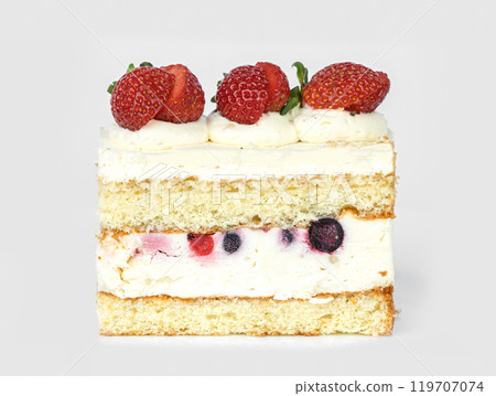 visually appealing layered cake features creamy frosting, fresh strawberries on top visually appealing layered cake features creamy frosting, fresh strawberries on top 119707074
