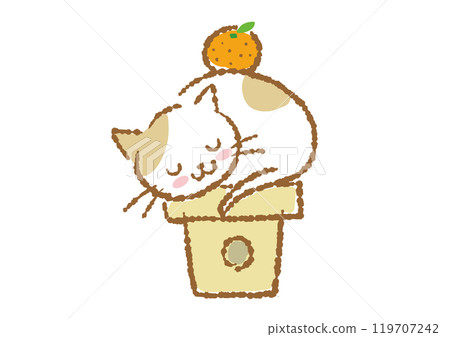 Illustration of a cat sleeping while pretending to be a kagami mochi Illustration of a cat sleeping while pretending to be a kagami mochi 119707242