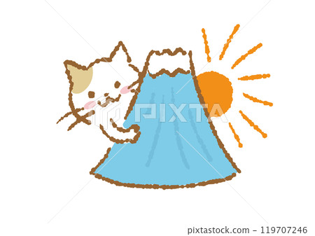First sunrise, Mt. Fuji and cat illustration 119707246
