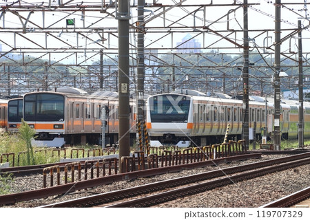 A four-car set of 209 series Chuo Line Green Cars stored at the Toyota Rolling Stock Center (Hino City, Tokyo) 119707329