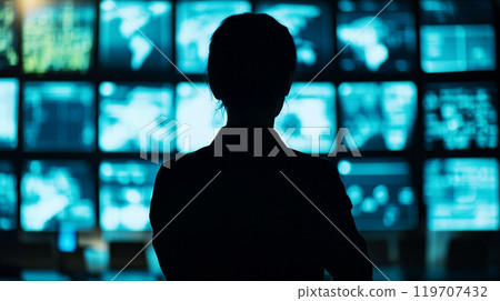 A woman observes a data screen in a control room 119707432
