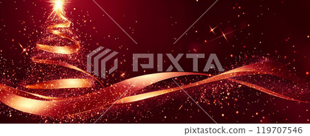 Banner Glittering christmas tree with sparkling ribbons on red festive background Banner Glittering christmas tree with sparkling ribbons on red festive background 119707546