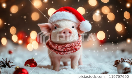 A small piglet in a red Santa hat and scarf, standing on snowy ground, festive Christmas decorations 119707690