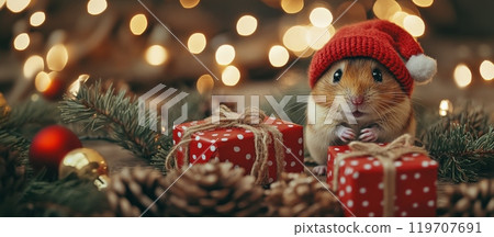 A hamster in red hat, sitting near tiny gifts and pine branches. Wide Christmas banner, copy space A hamster in red hat, sitting near tiny gifts and pine branches. Wide Christmas banner, copy space 119707691
