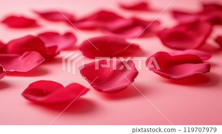 Elegant red rose petals on soft pink background for romantic and floral themes 119707979