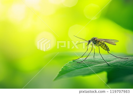Close-up of a mosquito on a leaf against a vibrant green background 119707983