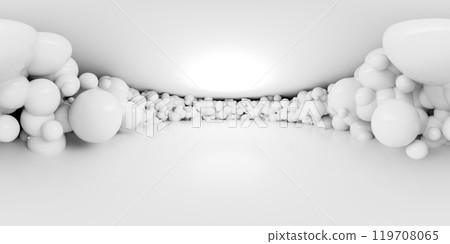 360 degree panorama of Minimalist Abstract Interior with White Spheres 119708065