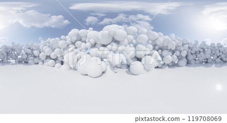 360 degree panorama of Abstract Landscape with Glossy White Spheres 360 degree panorama of Abstract Landscape with Glossy White Spheres 119708069